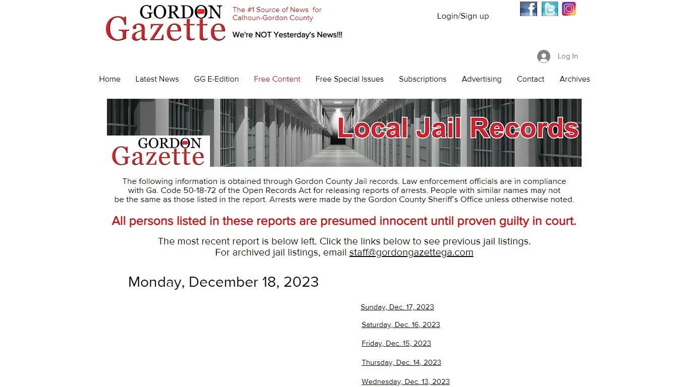 Jail Records | Gordon Gazette